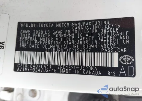 2015 Toyota Corolla L из США, поврежденный, VIN 2T1BURHEXFC454367